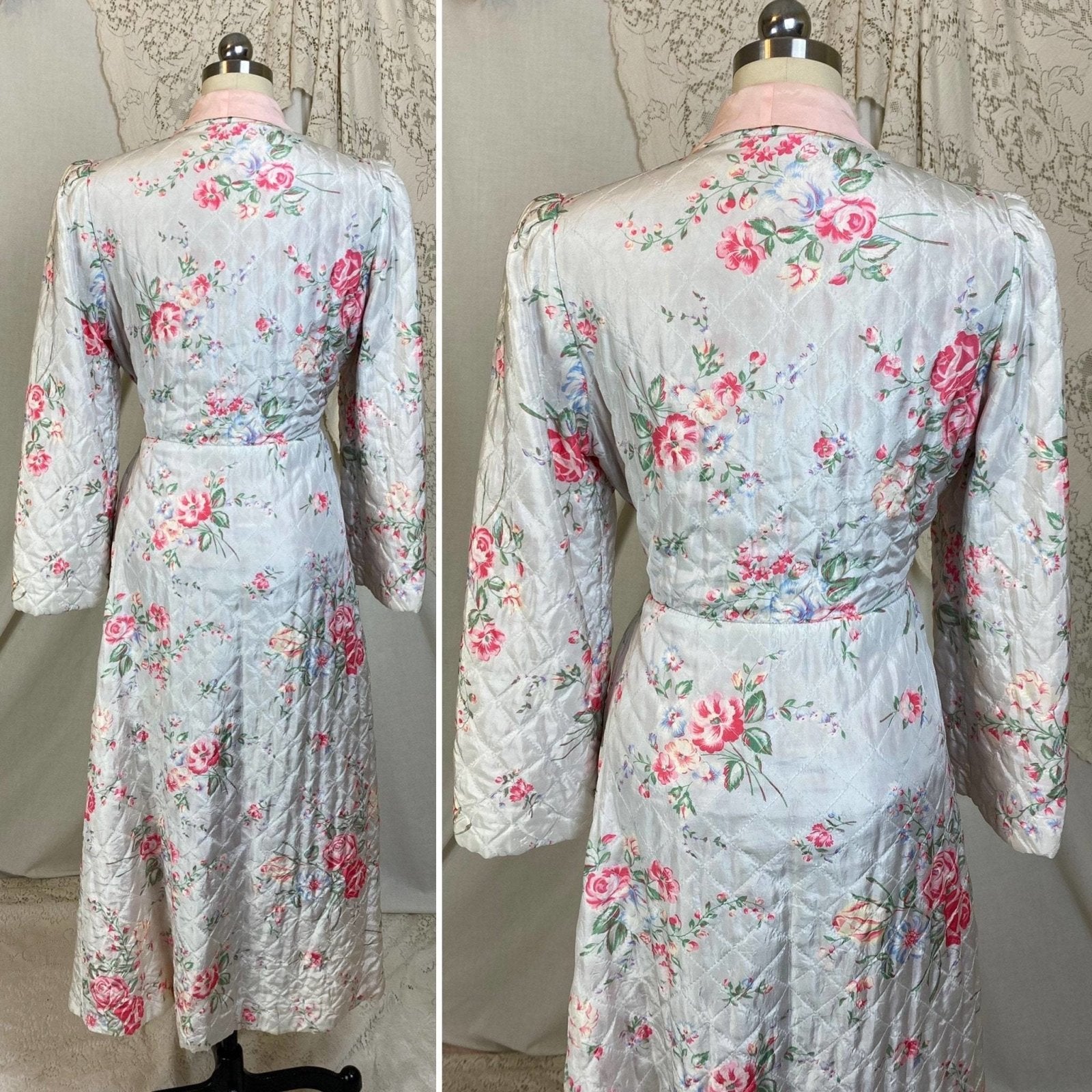 Vintage 1940's Housecoat Robe | White Rayon Taffeta with Floral Print & Powder Pink Lining | Size XS, S - Daggers & Dames