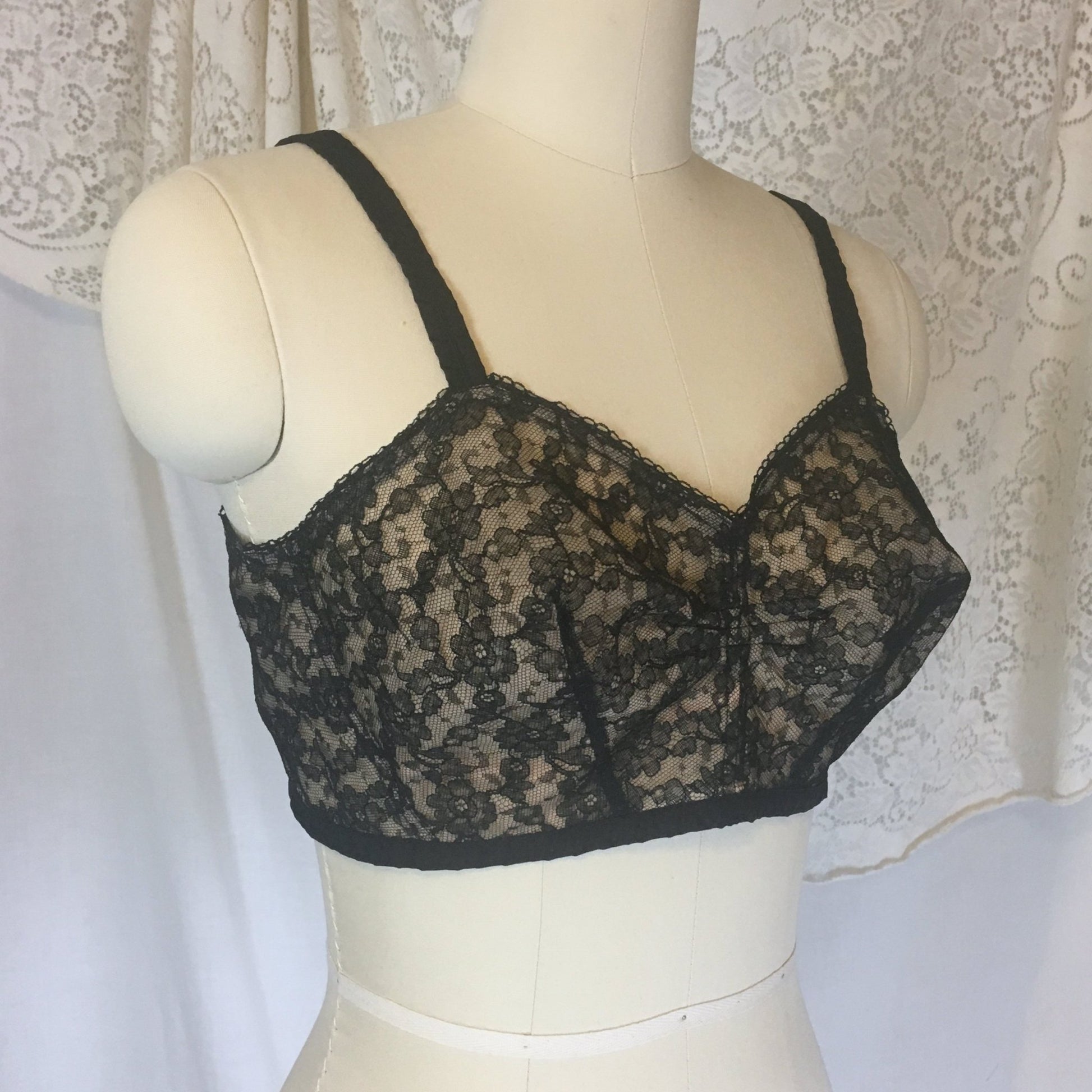 Vintage 1940's Illusion Bra | Sheer Black Chantilly Lace with Nude Lining | Custom Maid | Size 34 C - Daggers & Dames