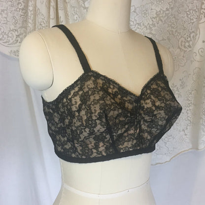 Vintage 1940's Illusion Bra | Sheer Black Chantilly Lace with Nude Lining | Custom Maid | Size 34 C - Daggers & Dames