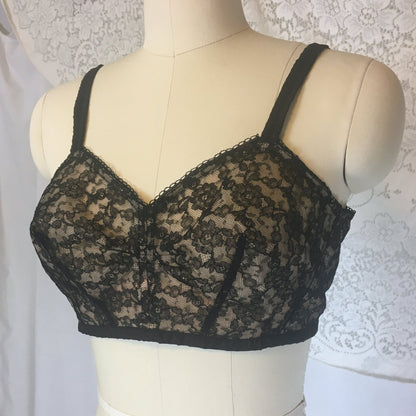 Vintage 1940's Illusion Bra | Sheer Black Chantilly Lace with Nude Lining | Custom Maid | Size 34 C - Daggers & Dames