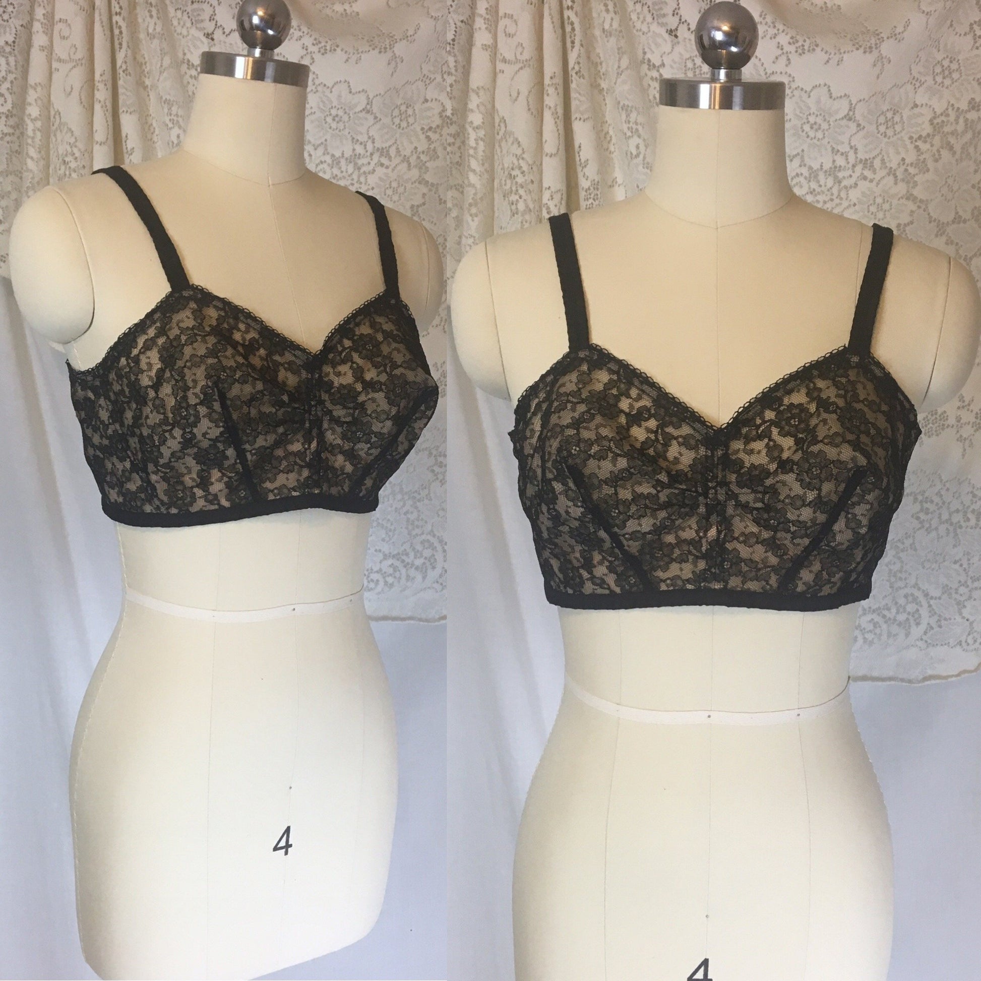 Vintage 1940's Illusion Bra | Sheer Black Chantilly Lace with Nude Lining | Custom Maid | Size 34 C - Daggers & Dames