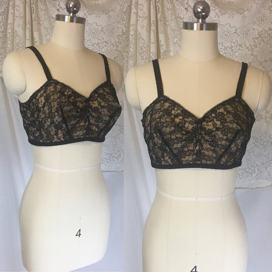 Vintage 1940's Illusion Bra | Sheer Black Chantilly Lace with Nude Lining | Custom Maid | Size 34 C - Daggers & Dames