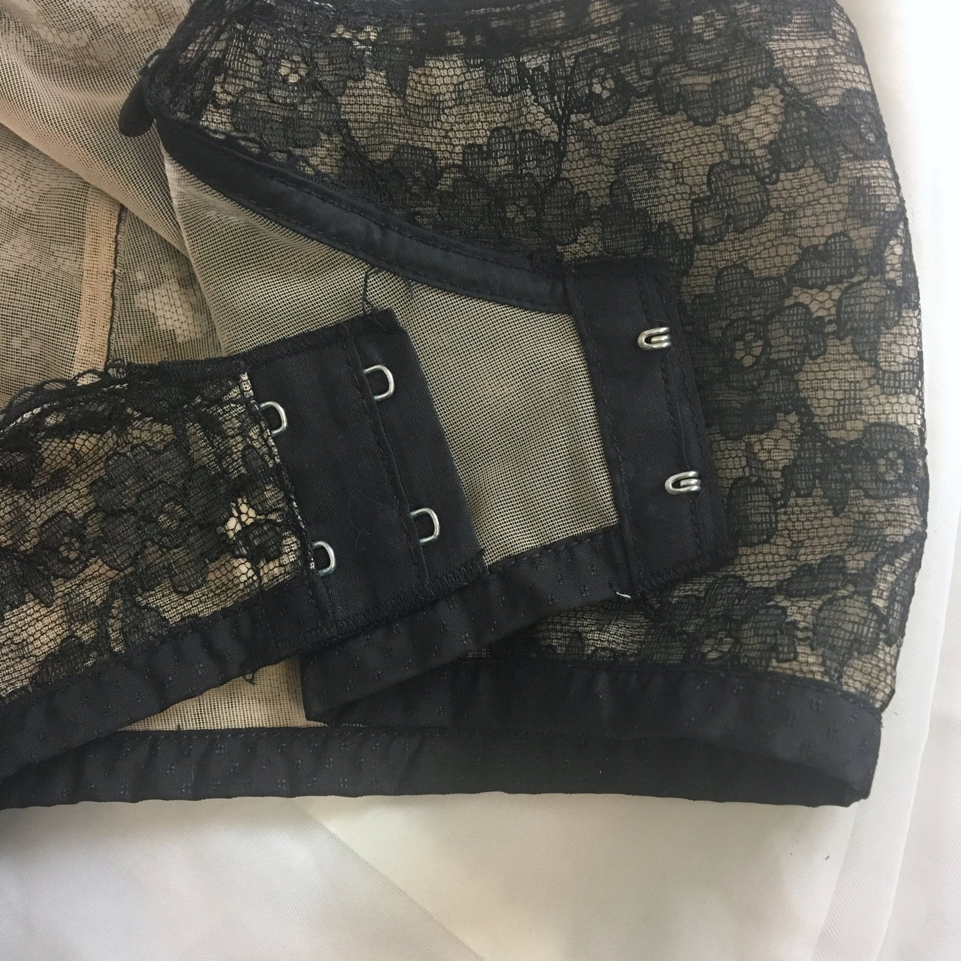 Vintage 1940's Illusion Bra | Sheer Black Chantilly Lace with Nude Lining | Custom Maid | Size 34 C - Daggers & Dames