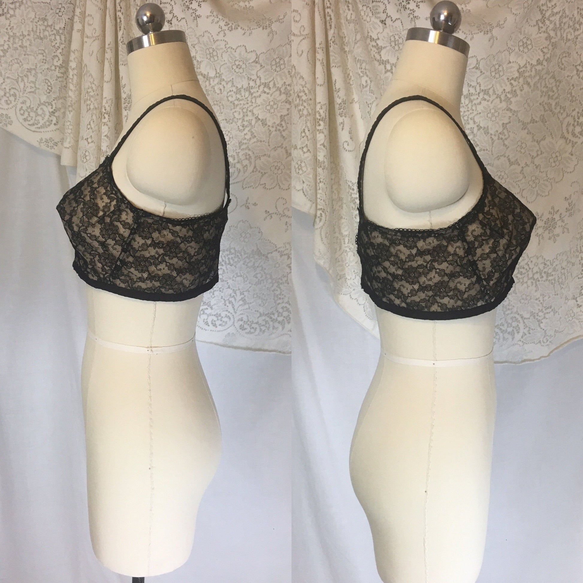 Vintage 1940's Illusion Bra | Sheer Black Chantilly Lace with Nude Lining | Custom Maid | Size 34 C - Daggers & Dames