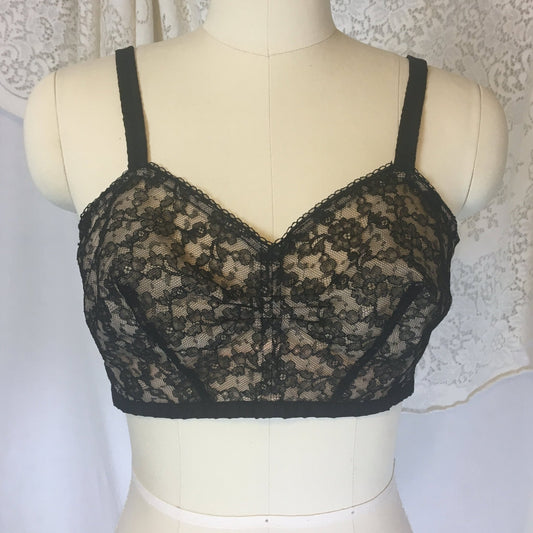 Vintage 1940's Illusion Bra | Sheer Black Chantilly Lace with Nude Lining | Custom Maid | Size 34 C - Daggers & Dames