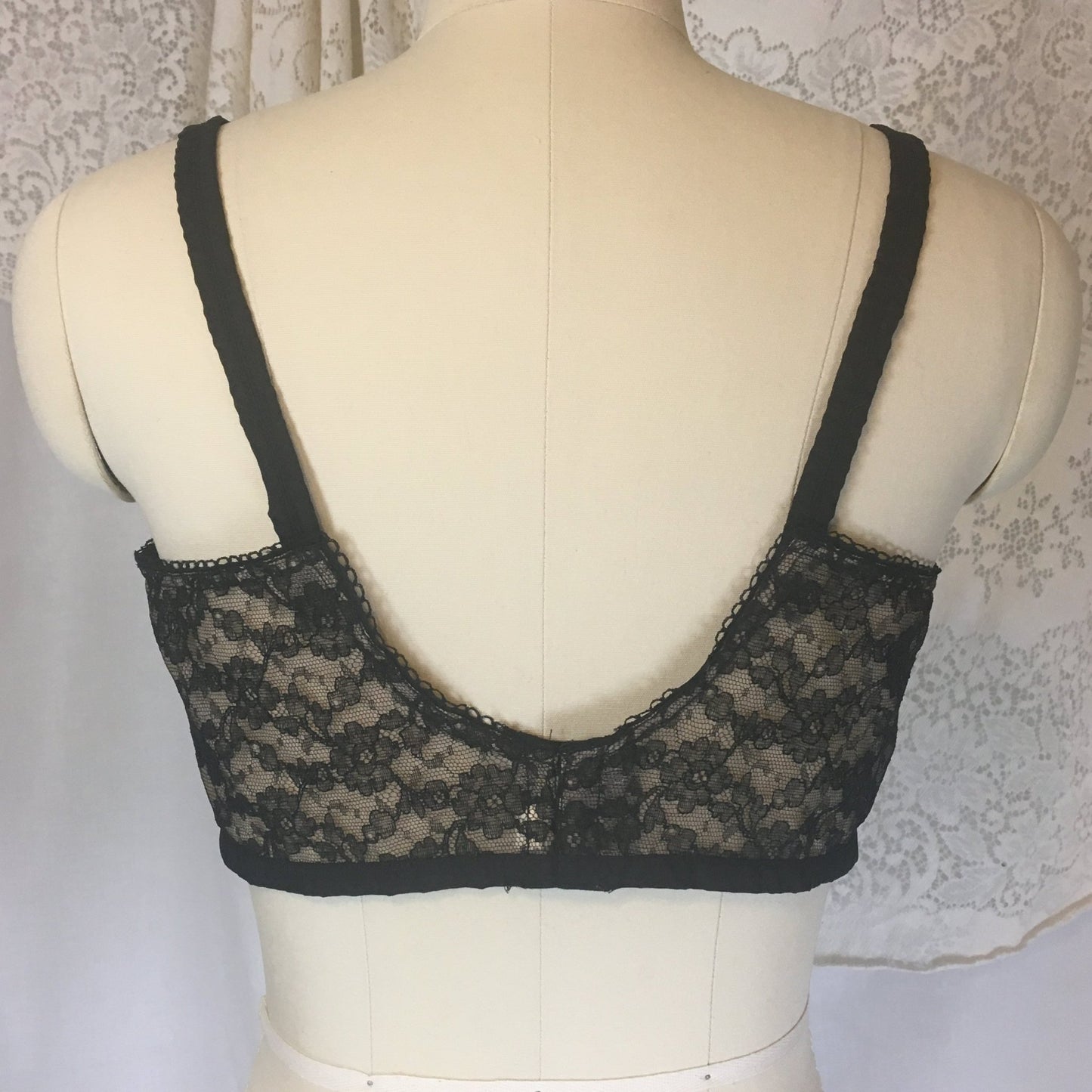 Vintage 1940's Illusion Bra | Sheer Black Chantilly Lace with Nude Lining | Custom Maid | Size 34 C - Daggers & Dames