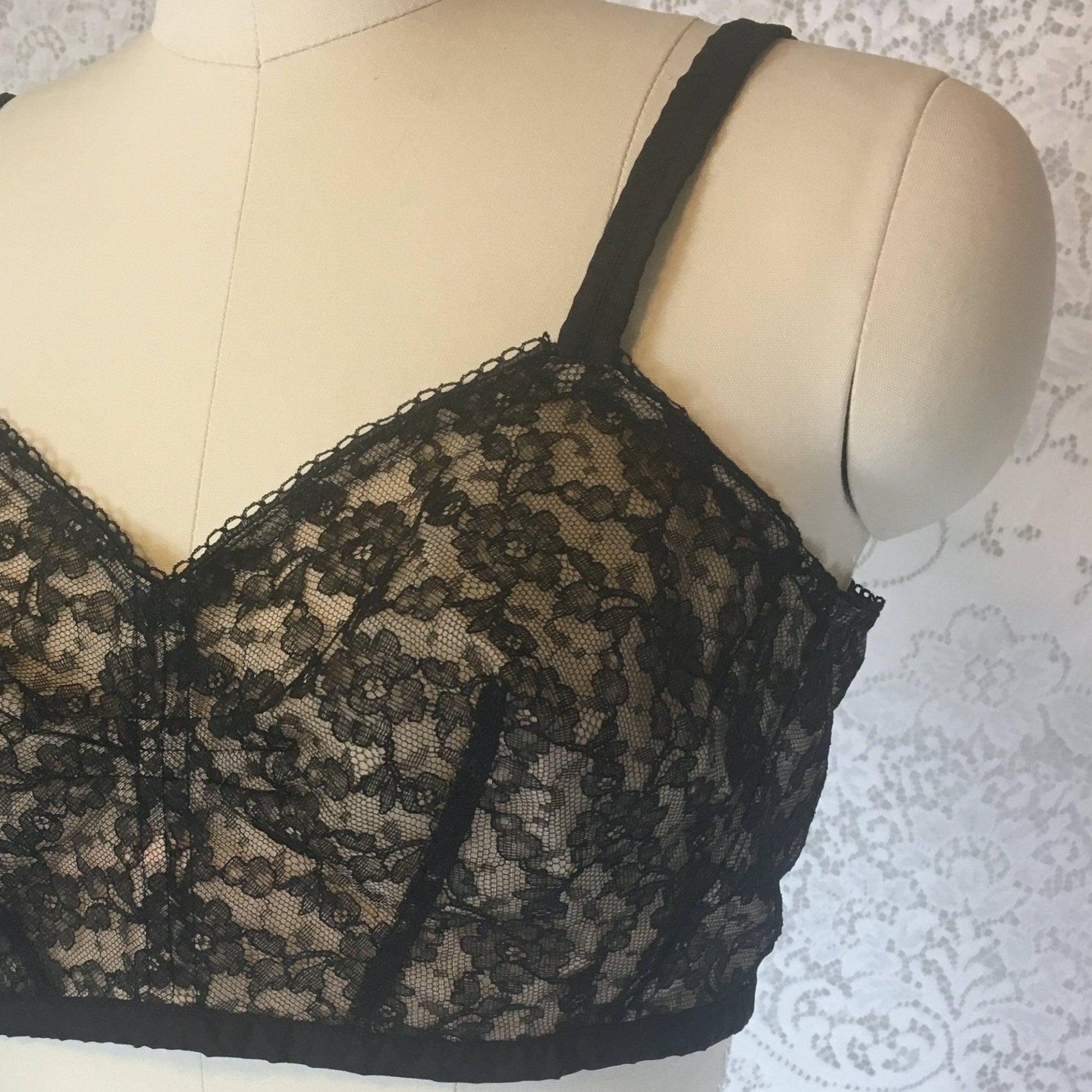 Vintage 1940's Illusion Bra | Sheer Black Chantilly Lace with Nude Lining | Custom Maid | Size 34 C - Daggers & Dames