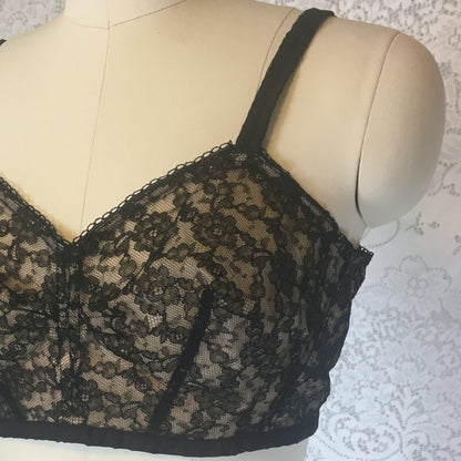 Vintage 1940's Illusion Bra | Sheer Black Chantilly Lace with Nude Lining | Custom Maid | Size 34 C - Daggers & Dames