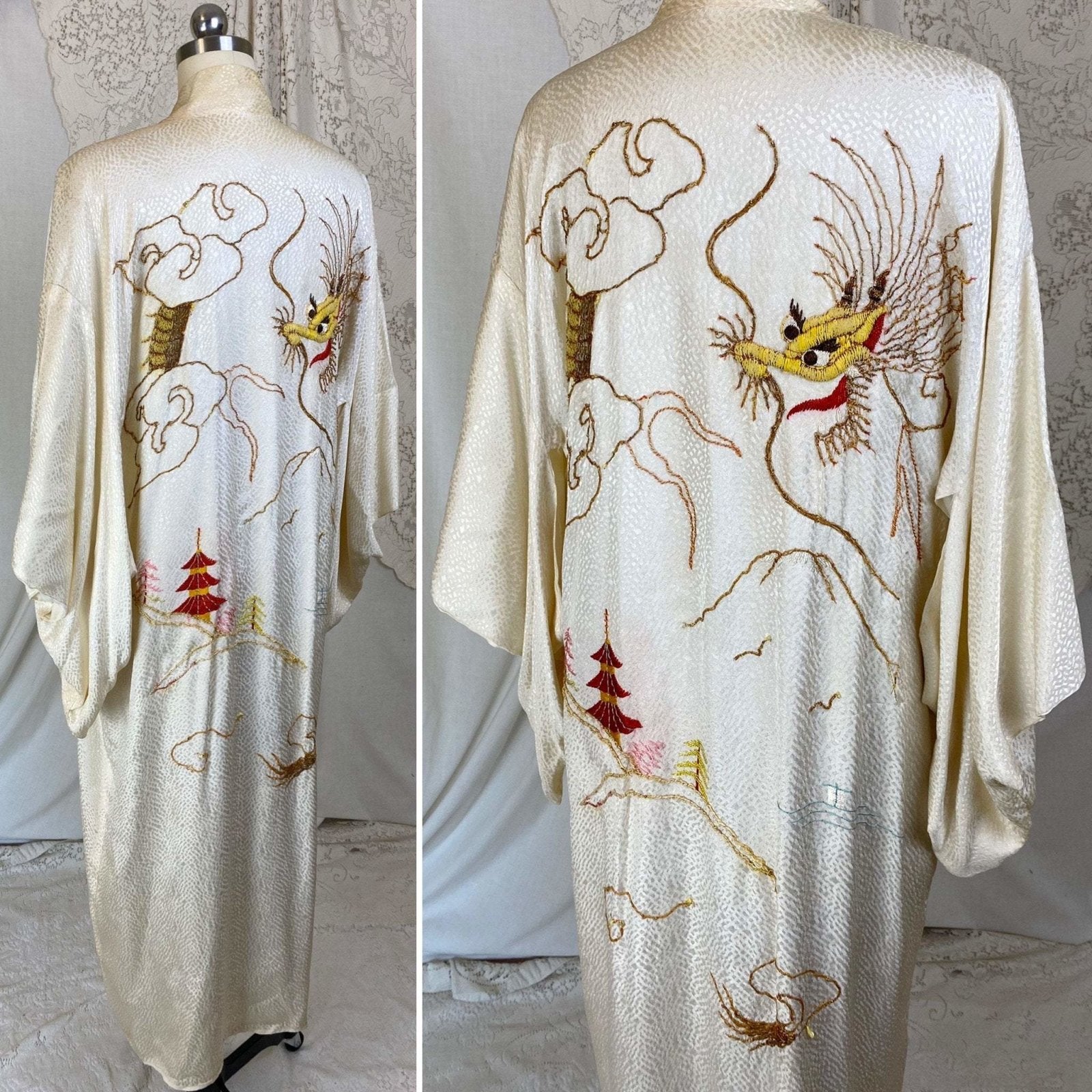 Vintage 1940's Japanese Kimono Robe | Hand Stitched Buttercream Rayon Satin Damask with Golden Dragon Embroidery | Size Free - Daggers & Dames