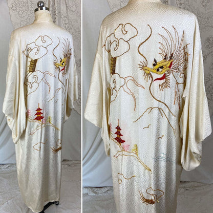 Vintage 1940's Japanese Kimono Robe | Hand Stitched Buttercream Rayon Satin Damask with Golden Dragon Embroidery | Size Free - Daggers & Dames