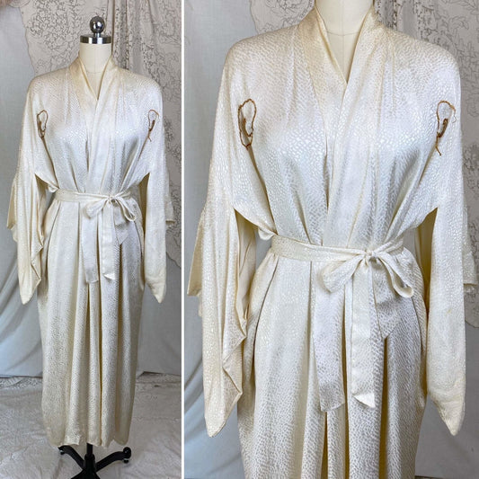 Vintage 1940's Japanese Kimono Robe | Hand Stitched Buttercream Rayon Satin Damask with Golden Dragon Embroidery | Size Free - Daggers & Dames