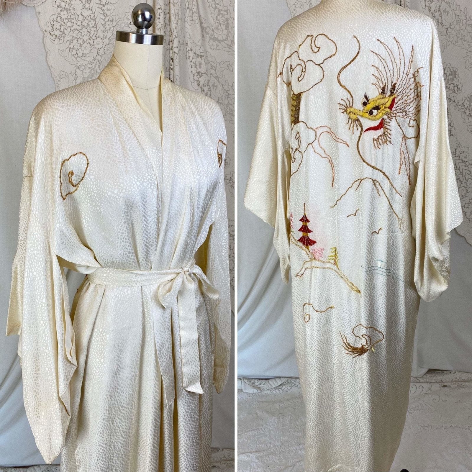 Vintage 1940's Japanese Kimono Robe | Hand Stitched Buttercream Rayon Satin Damask with Golden Dragon Embroidery | Size Free - Daggers & Dames