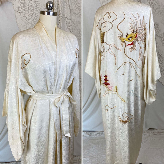 Vintage 1940's Japanese Kimono Robe | Hand Stitched Buttercream Rayon Satin Damask with Golden Dragon Embroidery | Size Free - Daggers & Dames