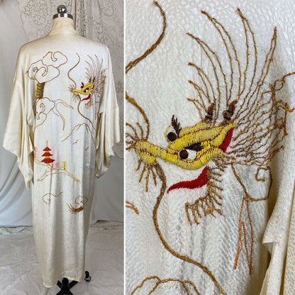 Vintage 1940's Japanese Kimono Robe | Hand Stitched Buttercream Rayon Satin Damask with Golden Dragon Embroidery | Size Free - Daggers & Dames