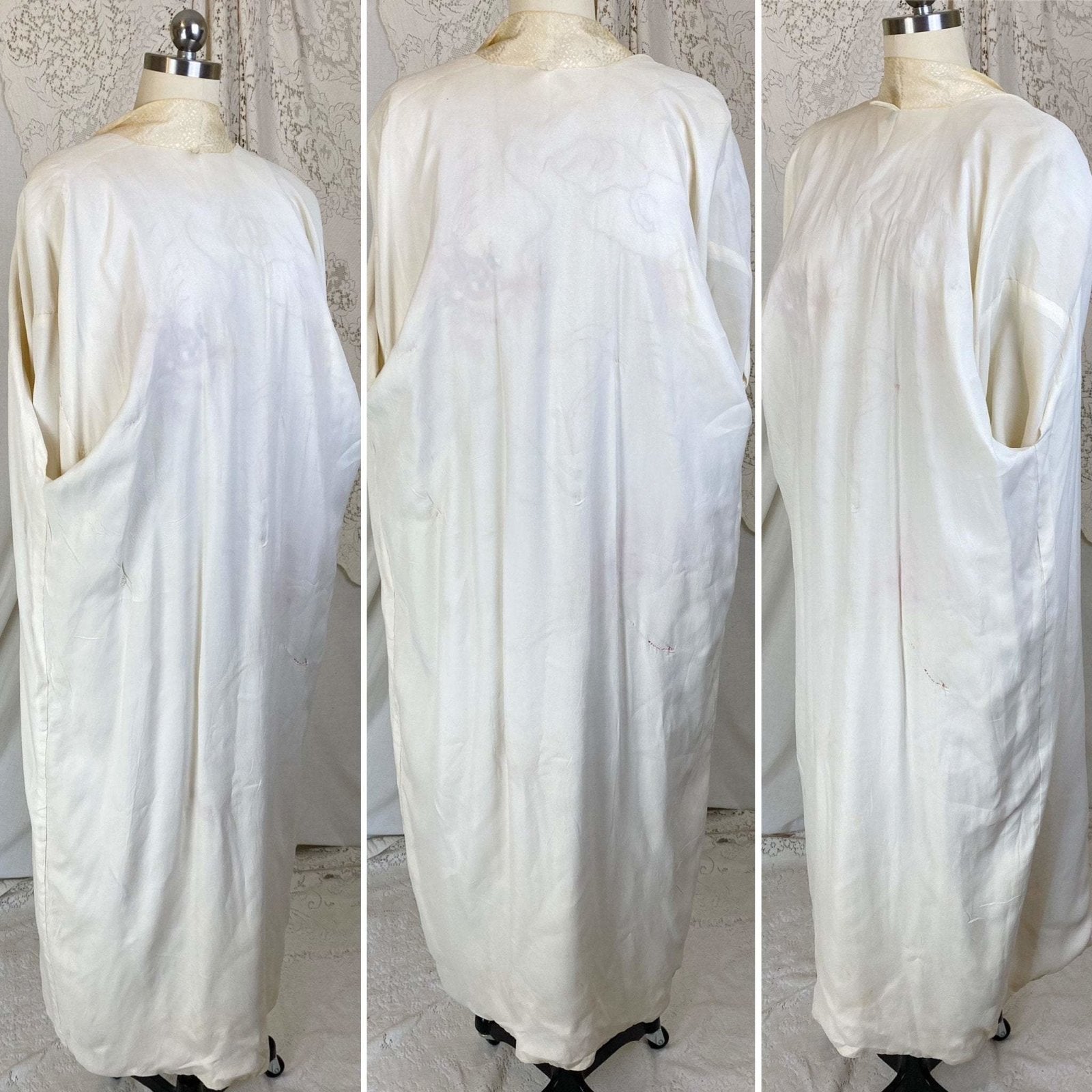 Vintage 1940's Japanese Kimono Robe | Hand Stitched Buttercream Rayon Satin Damask with Golden Dragon Embroidery | Size Free - Daggers & Dames