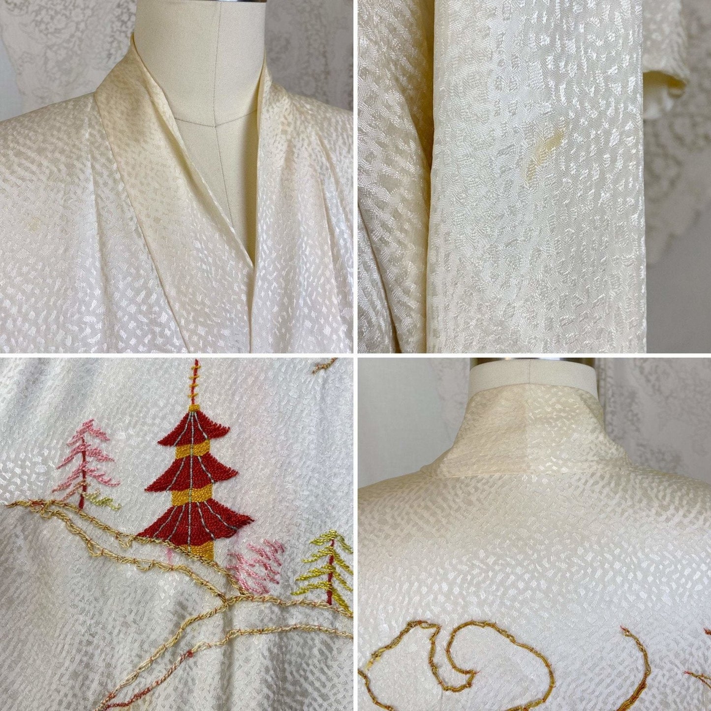 Vintage 1940's Japanese Kimono Robe | Hand Stitched Buttercream Rayon Satin Damask with Golden Dragon Embroidery | Size Free - Daggers & Dames