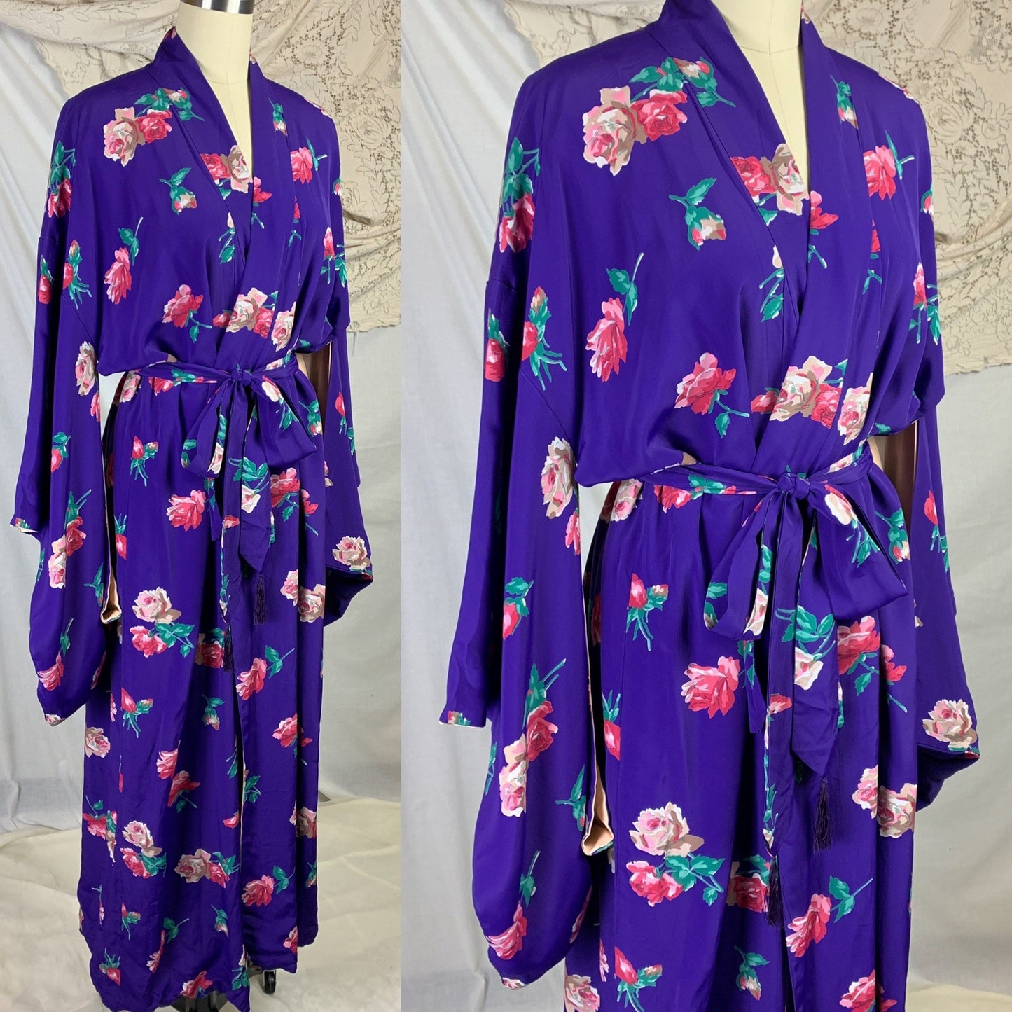 Vintage 1940's Japanese Kimono Robe | Plum Purple Silk with Pink Rose Print & Tassel Sash Tie | Size Free - Daggers & Dames