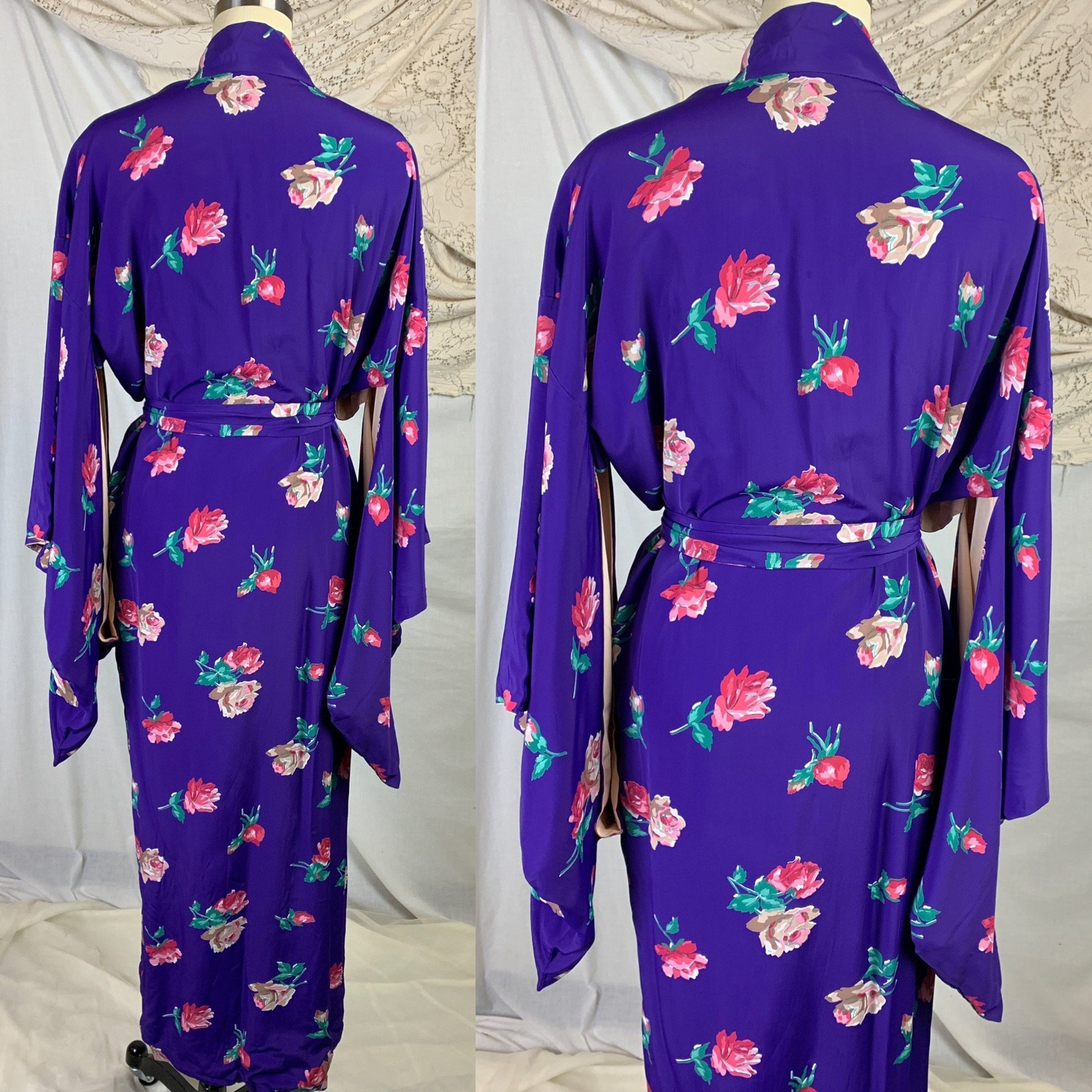 Vintage 1940's Japanese Kimono Robe | Plum Purple Silk with Pink Rose Print & Tassel Sash Tie | Size Free - Daggers & Dames