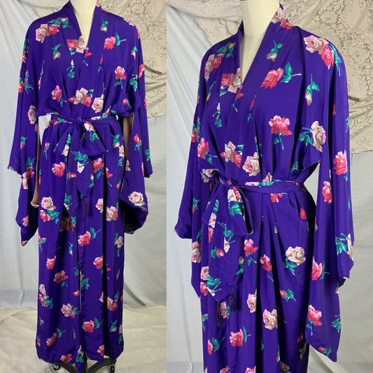 Vintage 1940's Japanese Kimono Robe | Plum Purple Silk with Pink Rose Print & Tassel Sash Tie | Size Free - Daggers & Dames