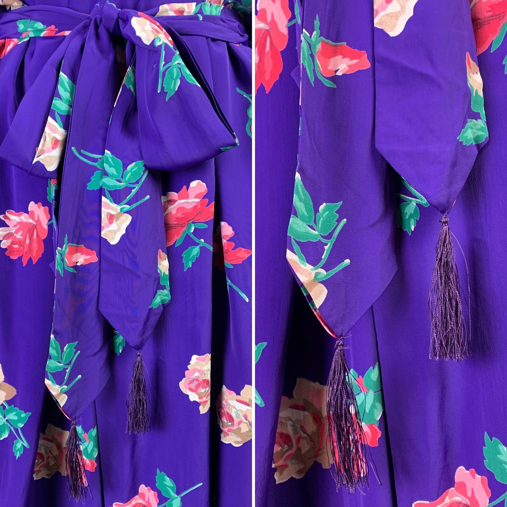 Vintage 1940's Japanese Kimono Robe | Plum Purple Silk with Pink Rose Print & Tassel Sash Tie | Size Free - Daggers & Dames