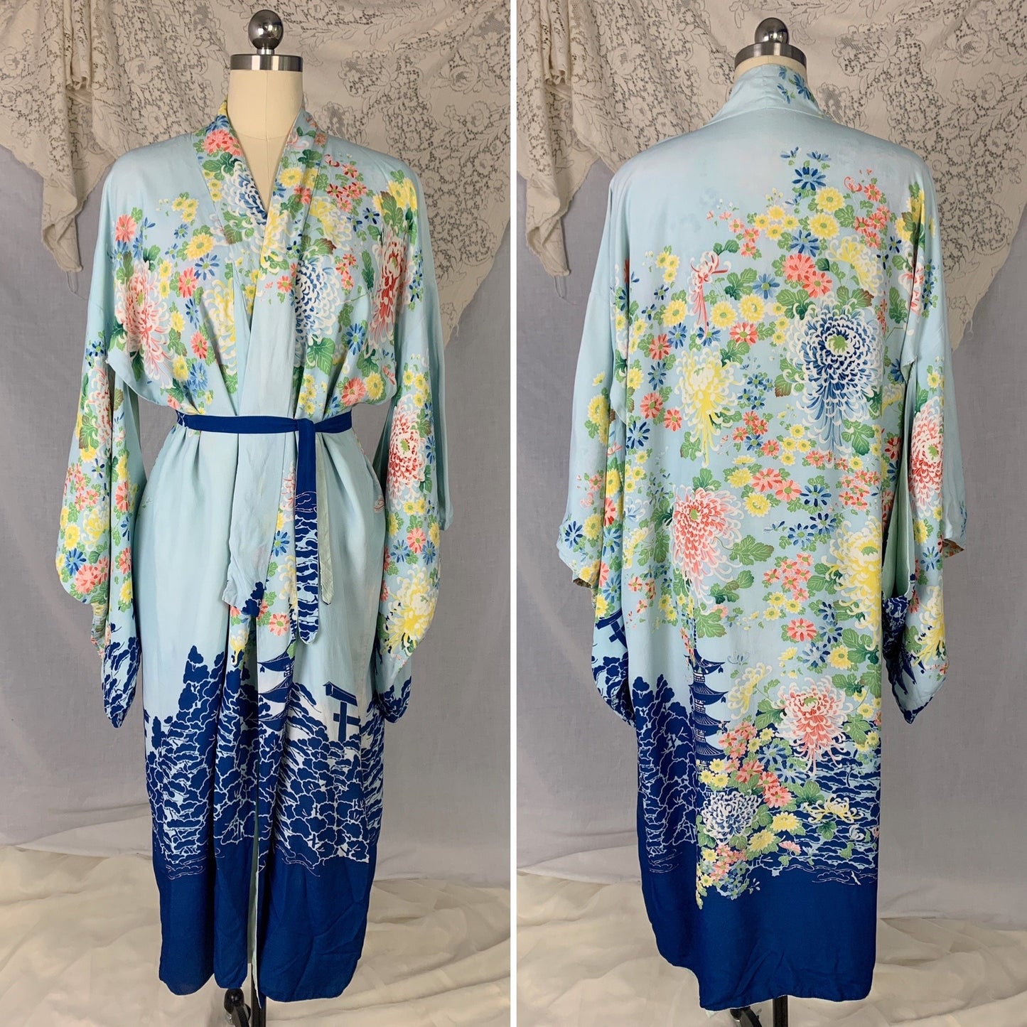 Vintage 1940's Japanese Kimono Robe | Reversible Sky Blue & Mint Green Hayashi Floral Printed Silk Crepe | Size Free - Daggers & Dames