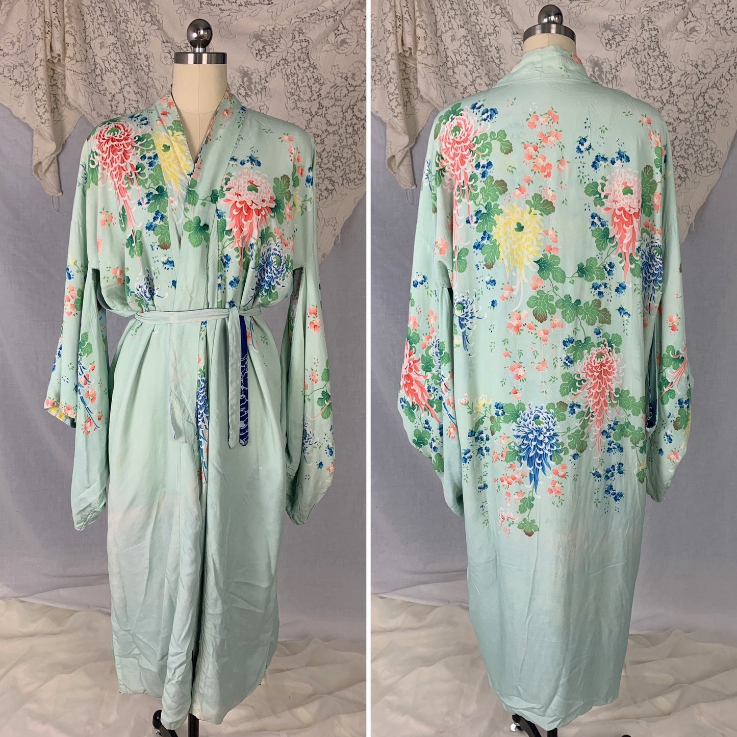 Vintage 1940's Japanese Kimono Robe | Reversible Sky Blue & Mint Green Hayashi Floral Printed Silk Crepe | Size Free - Daggers & Dames
