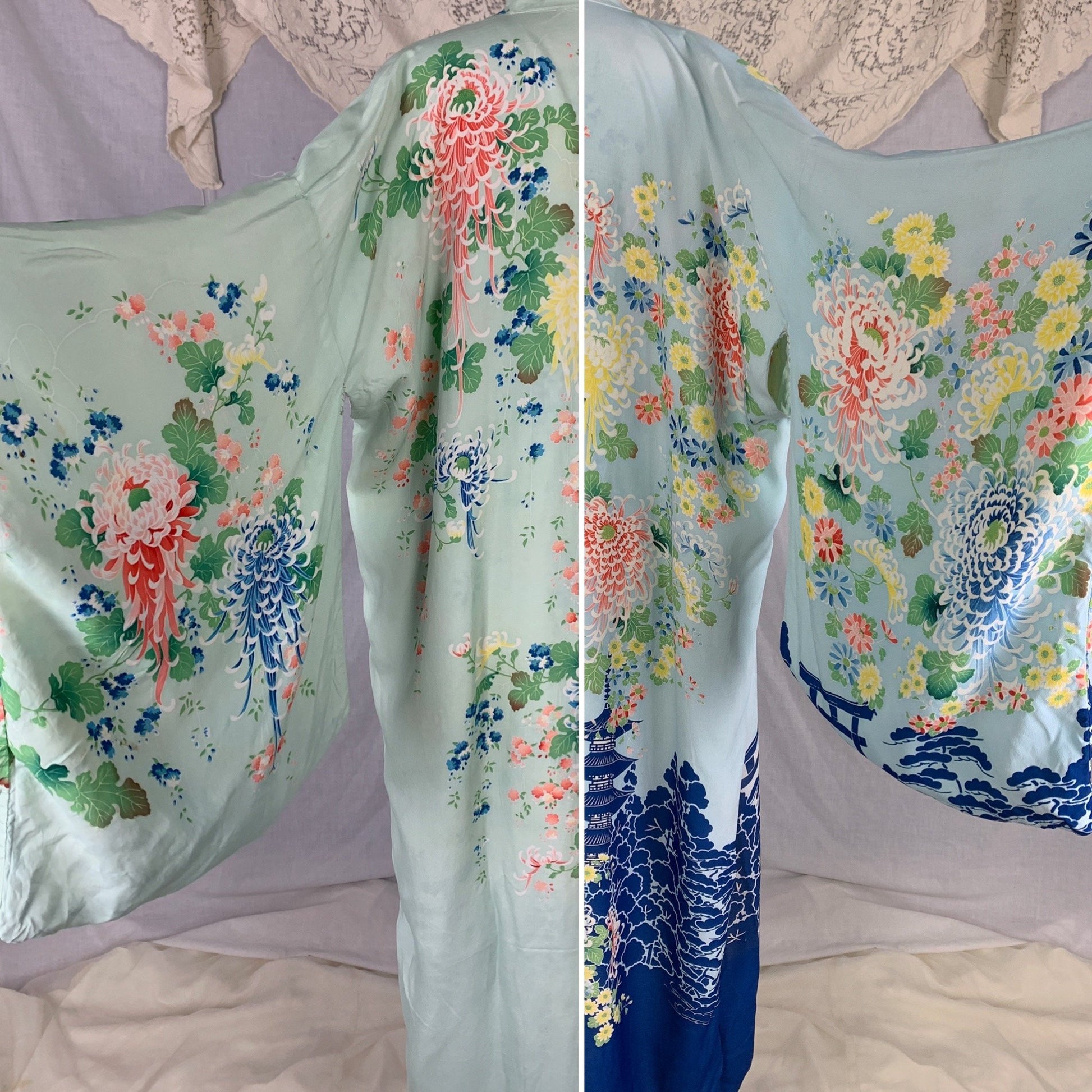 Vintage 1940's Japanese Kimono Robe | Reversible Sky Blue & Mint Green Hayashi Floral Printed Silk Crepe | Size Free - Daggers & Dames
