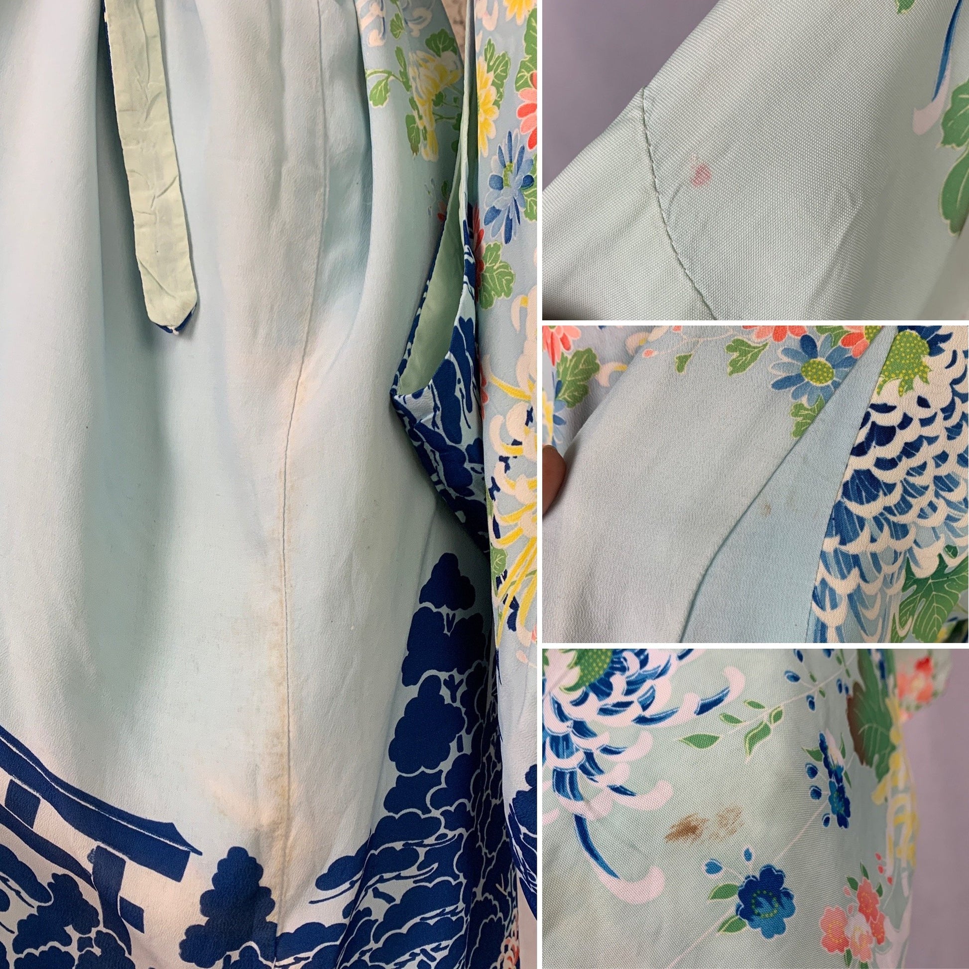 Vintage 1940's Japanese Kimono Robe | Reversible Sky Blue & Mint Green Hayashi Floral Printed Silk Crepe | Size Free - Daggers & Dames