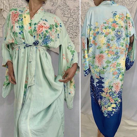 Vintage 1940's Japanese Kimono Robe | Reversible Sky Blue & Mint Green Hayashi Floral Printed Silk Crepe | Size Free - Daggers & Dames