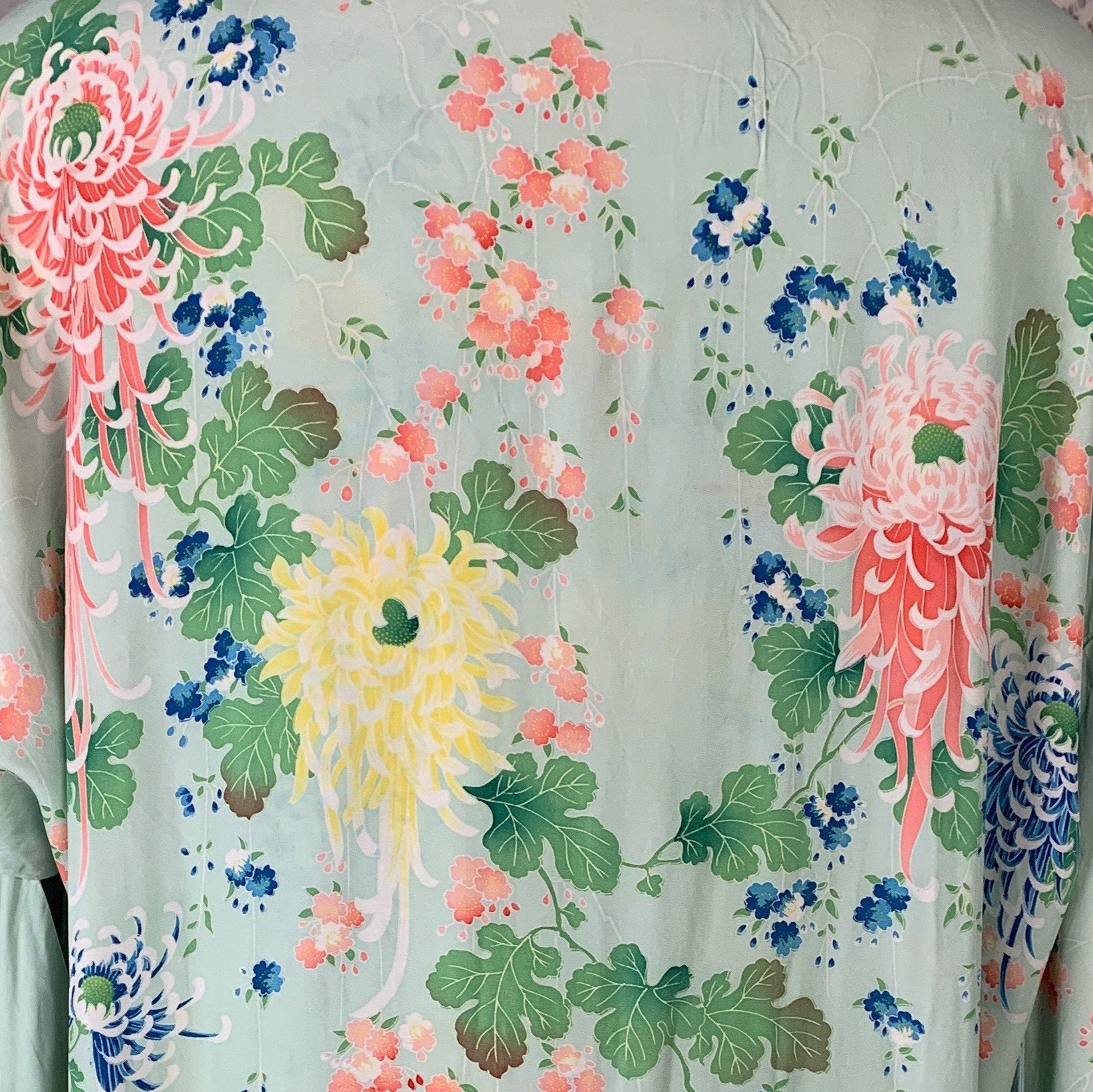 Vintage 1940's Japanese Kimono Robe | Reversible Sky Blue & Mint Green Hayashi Floral Printed Silk Crepe | Size Free - Daggers & Dames