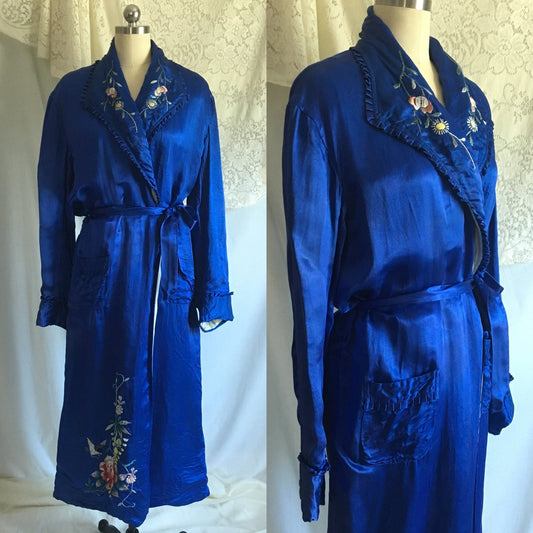 Vintage 1940's Japanese Robe | Cobalt Blue Silk with Floral Embroidery & Ruffled Edges | Japanese Dressing Gown | Size M, LG - Daggers & Dames