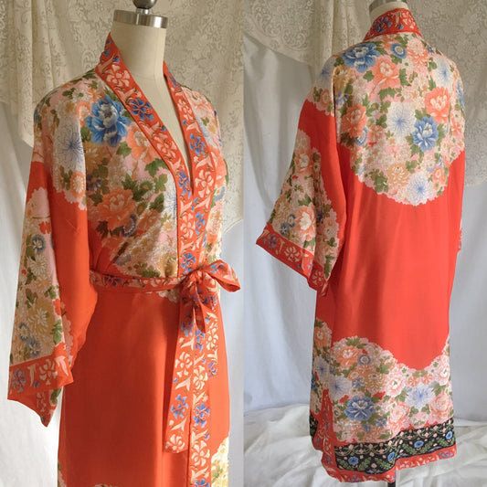 Vintage 1940's Japanese Robe | Hand Sewn Red Painted Pongee Silk with Floral Print | Size Free - Daggers & Dames