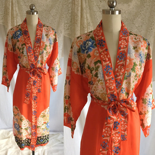 Vintage 1940's Japanese Robe | Hand Sewn Red Painted Pongee Silk with Floral Print | Size Free - Daggers & Dames
