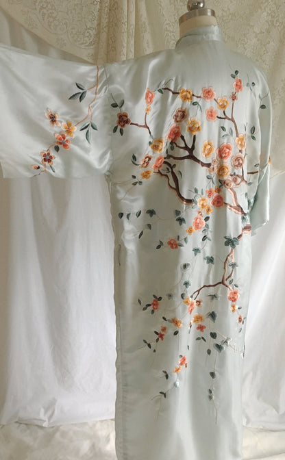 Vintage 1940's Kimono Robe | Icy Blue Silk with Cherry Blossom Embroidery | Free Size - Daggers & Dames