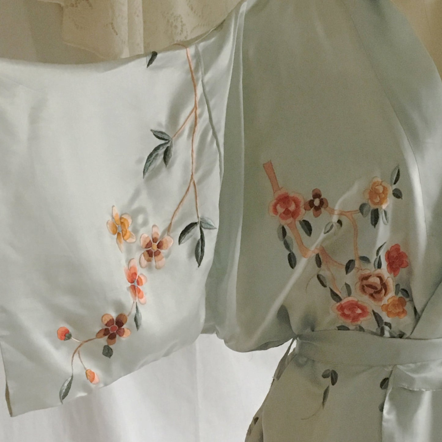 Vintage 1940's Kimono Robe | Icy Blue Silk with Cherry Blossom Embroidery | Free Size - Daggers & Dames