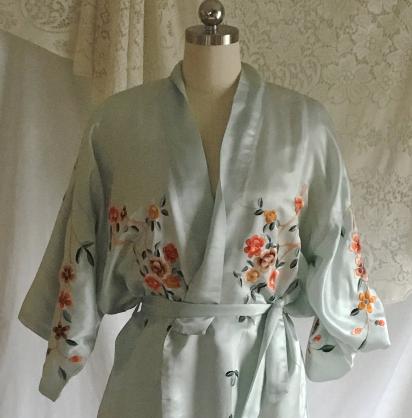 Vintage 1940's Kimono Robe | Icy Blue Silk with Cherry Blossom Embroidery | Free Size - Daggers & Dames