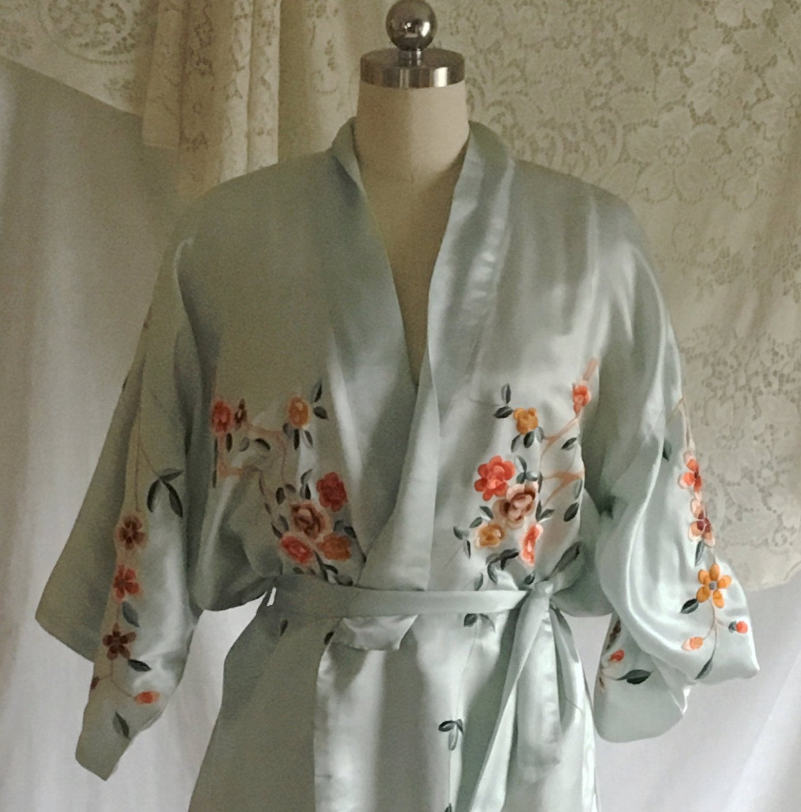 Vintage 1940's Kimono Robe | Icy Blue Silk with Cherry Blossom Embroidery | Free Size - Daggers & Dames
