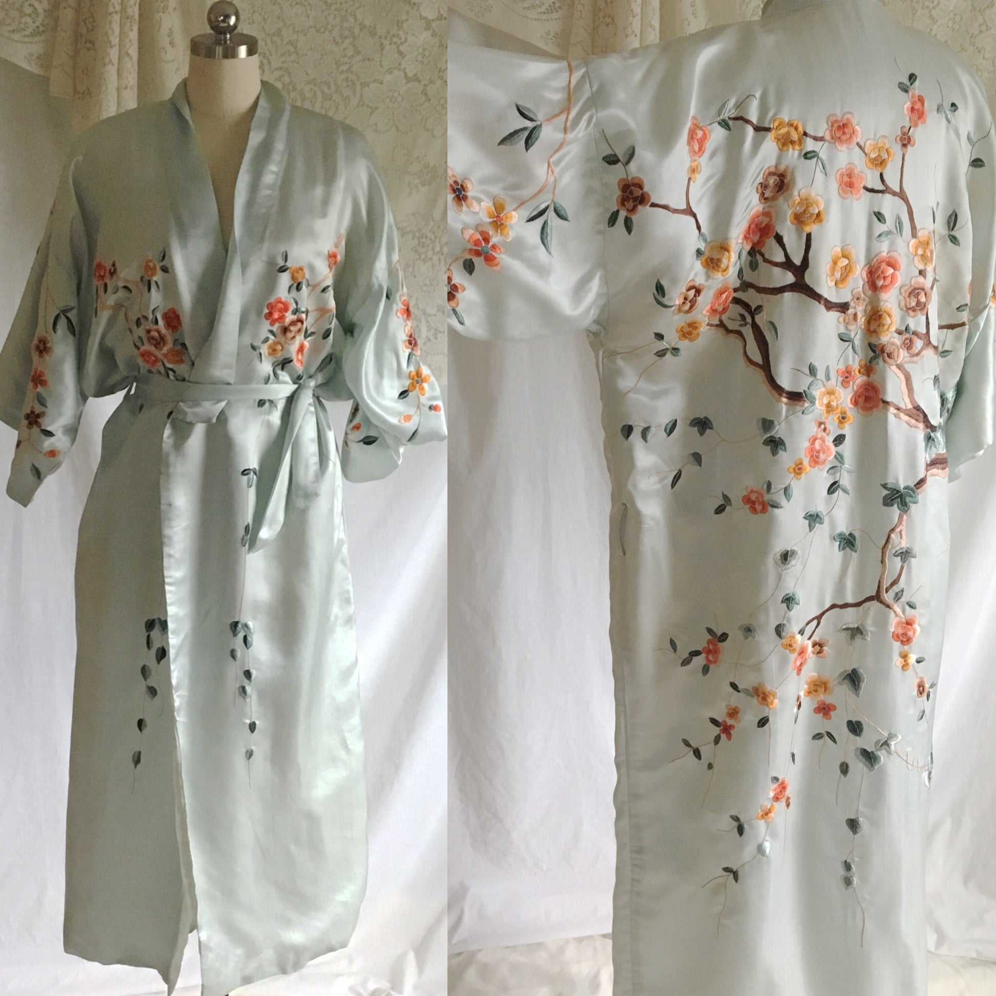 Vintage 1940's Kimono Robe | Icy Blue Silk with Cherry Blossom Embroidery | Free Size - Daggers & Dames