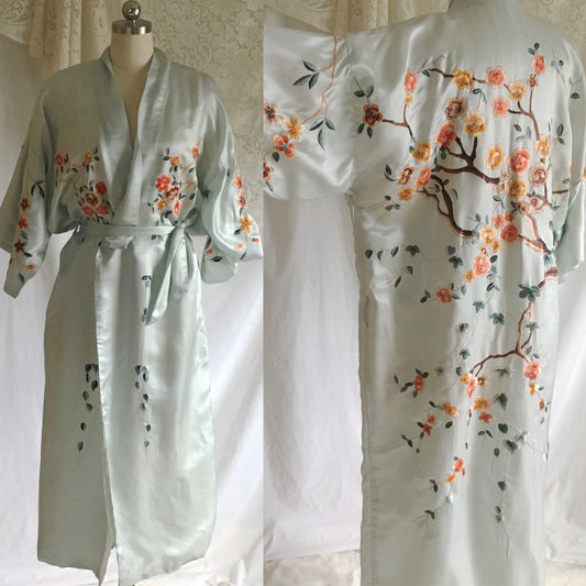 Vintage 1940's Kimono Robe | Icy Blue Silk with Cherry Blossom Embroidery | Free Size - Daggers & Dames