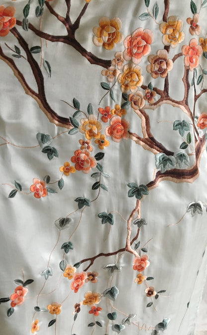 Vintage 1940's Kimono Robe | Icy Blue Silk with Cherry Blossom Embroidery | Free Size - Daggers & Dames