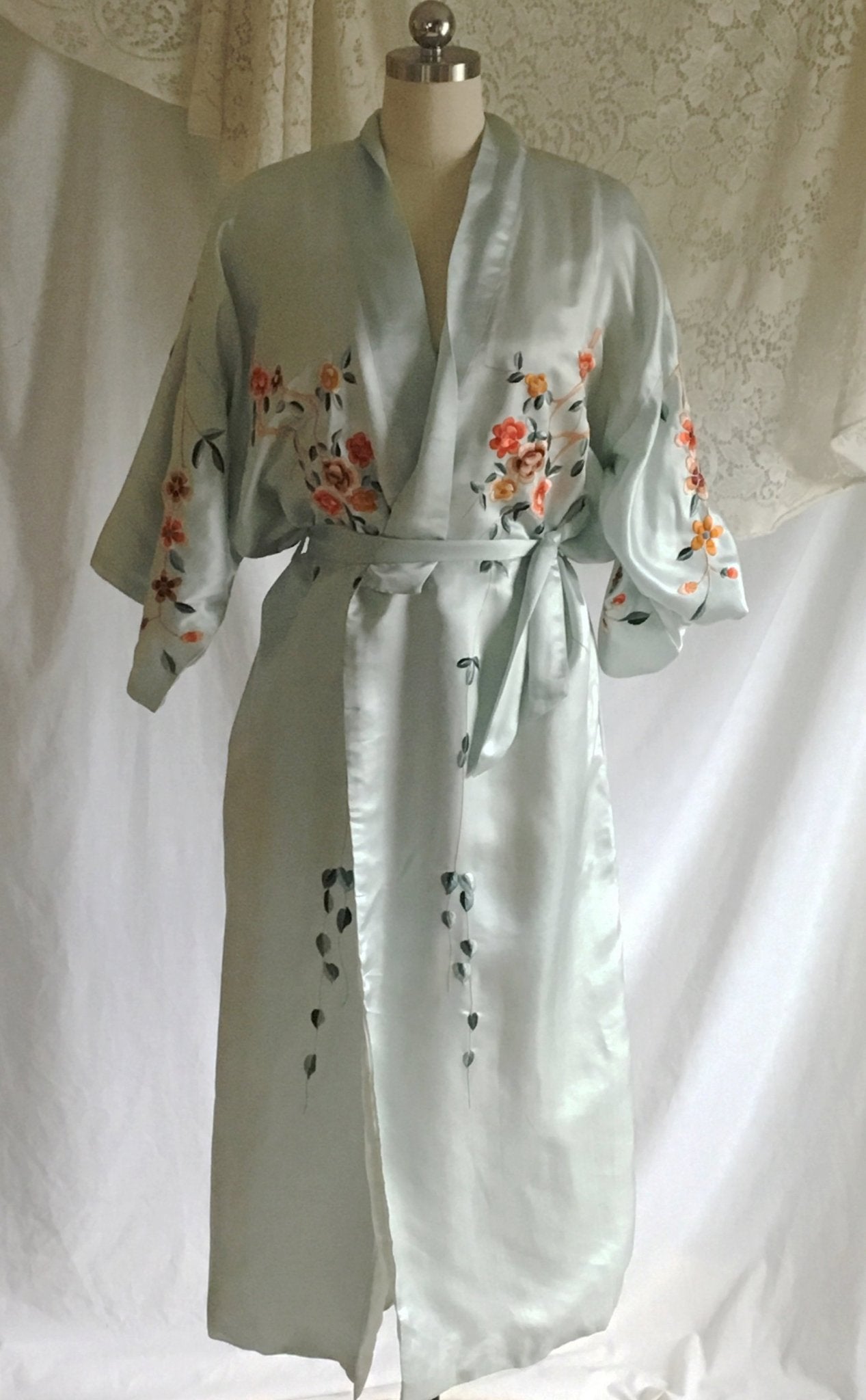 Vintage 1940's Kimono Robe | Icy Blue Silk with Cherry Blossom Embroidery | Free Size - Daggers & Dames