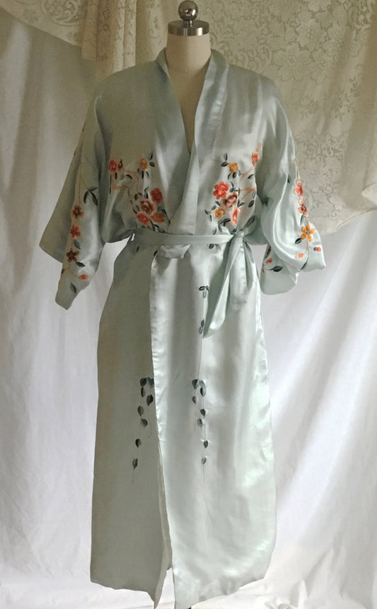 Vintage 1940's Kimono Robe | Icy Blue Silk with Cherry Blossom Embroidery | Free Size - Daggers & Dames