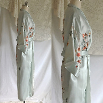 Vintage 1940's Kimono Robe | Icy Blue Silk with Cherry Blossom Embroidery | Free Size - Daggers & Dames