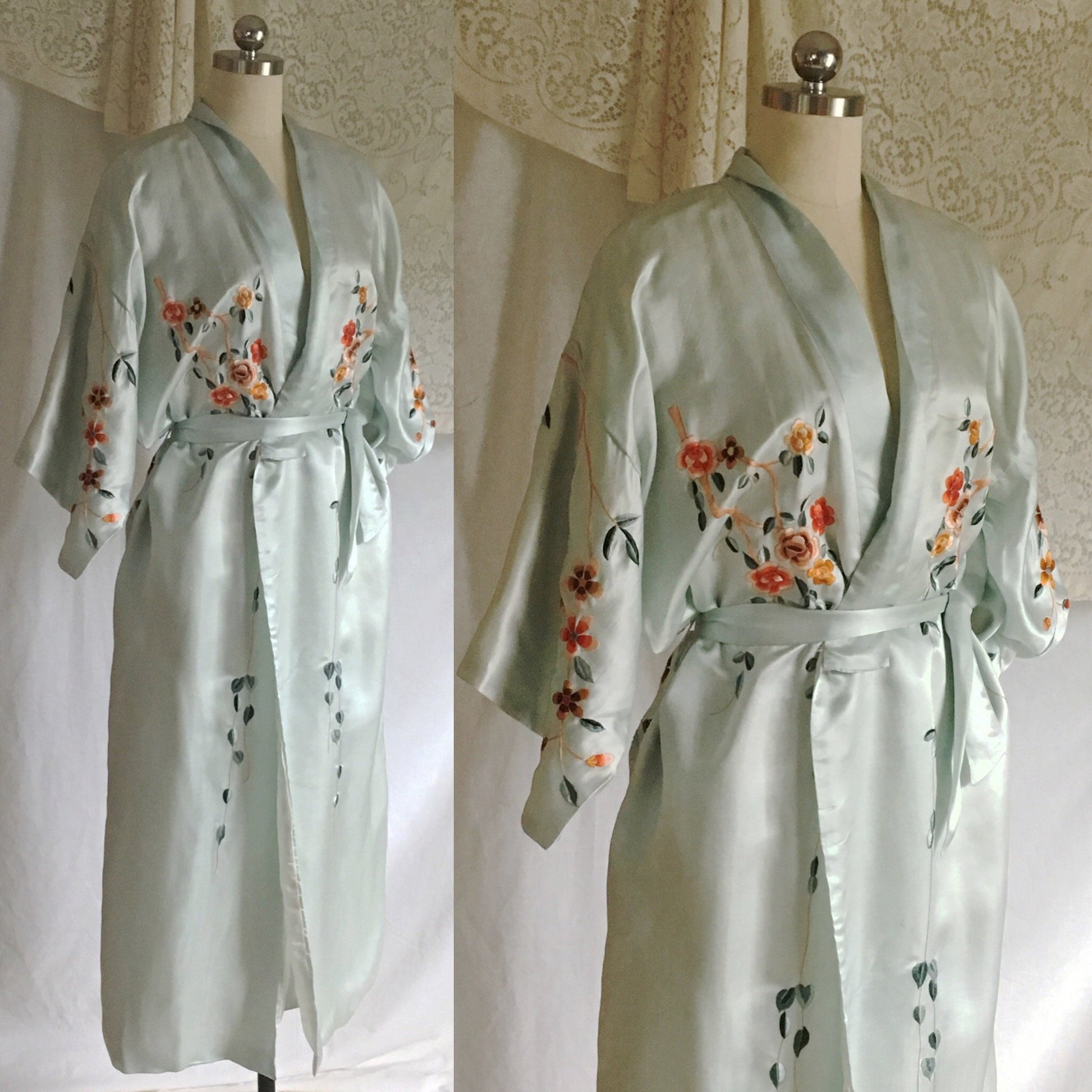 Vintage 1940's Kimono Robe | Icy Blue Silk with Cherry Blossom Embroidery | Free Size - Daggers & Dames