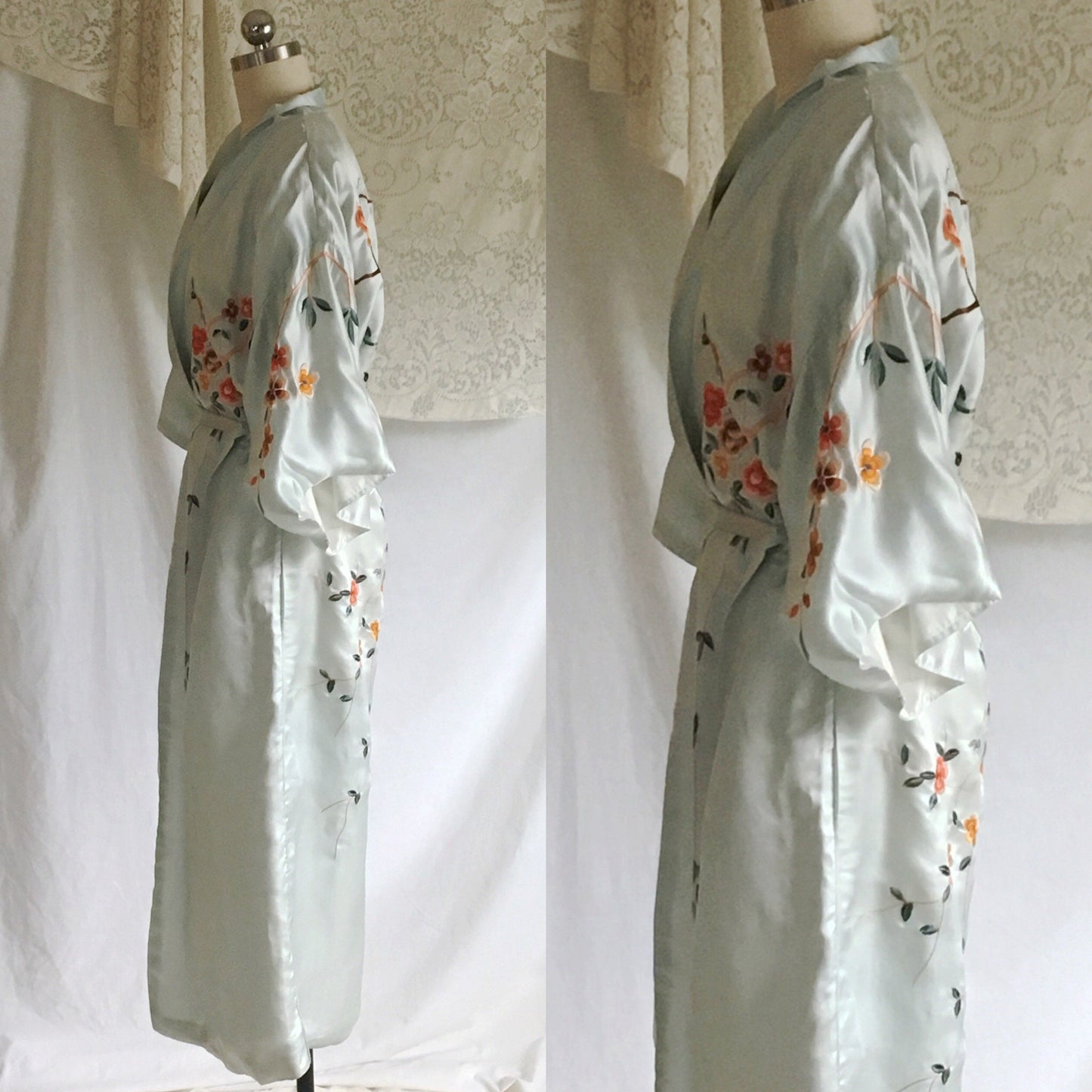 Vintage 1940's Kimono Robe | Icy Blue Silk with Cherry Blossom Embroidery | Free Size - Daggers & Dames