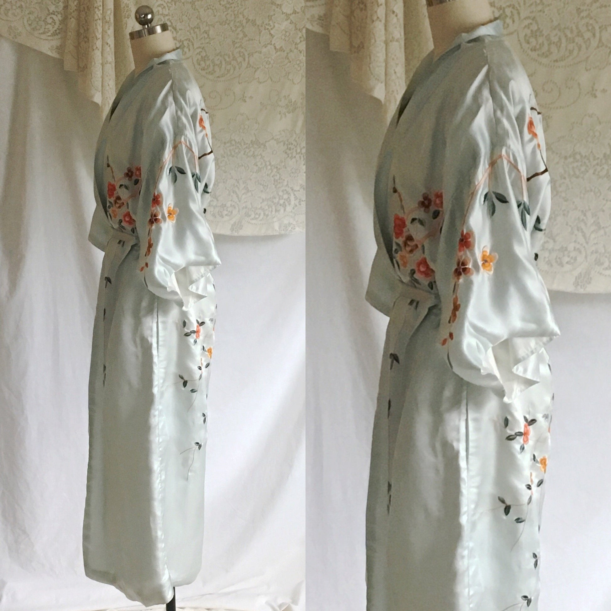 Vintage 1940's Kimono Robe | Icy Blue Silk with Cherry Blossom Embroidery | Free Size - Daggers & Dames