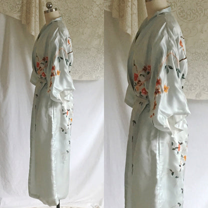 Vintage 1940's Kimono Robe | Icy Blue Silk with Cherry Blossom Embroidery | Free Size - Daggers & Dames