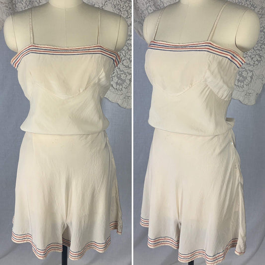 Vintage 1940's Lingerie Set | Ivory White Silk with Red & Blue Herringbone Stitch Seams | Size S - Daggers & Dames