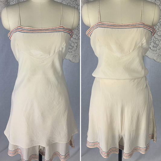 Vintage 1940's Lingerie Set | Ivory White Silk with Red & Blue Herringbone Stitch Seams | Size S - Daggers & Dames