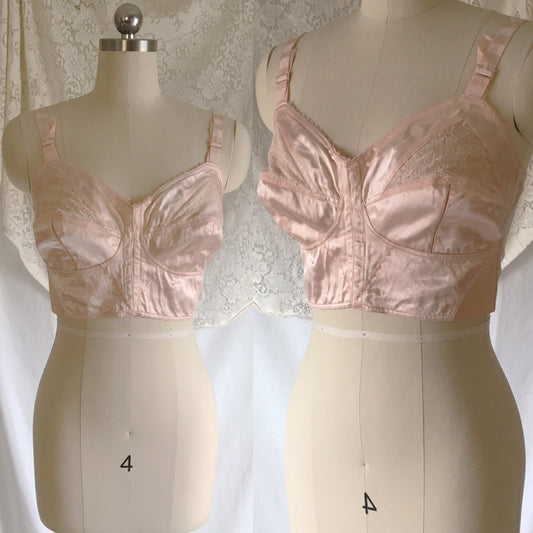 Vintage 1940's Longline Bra | Bubblegum Pink Satin & Lace with Bullet Cups | Bellavita | Size 38 B, 36 C - Daggers & Dames